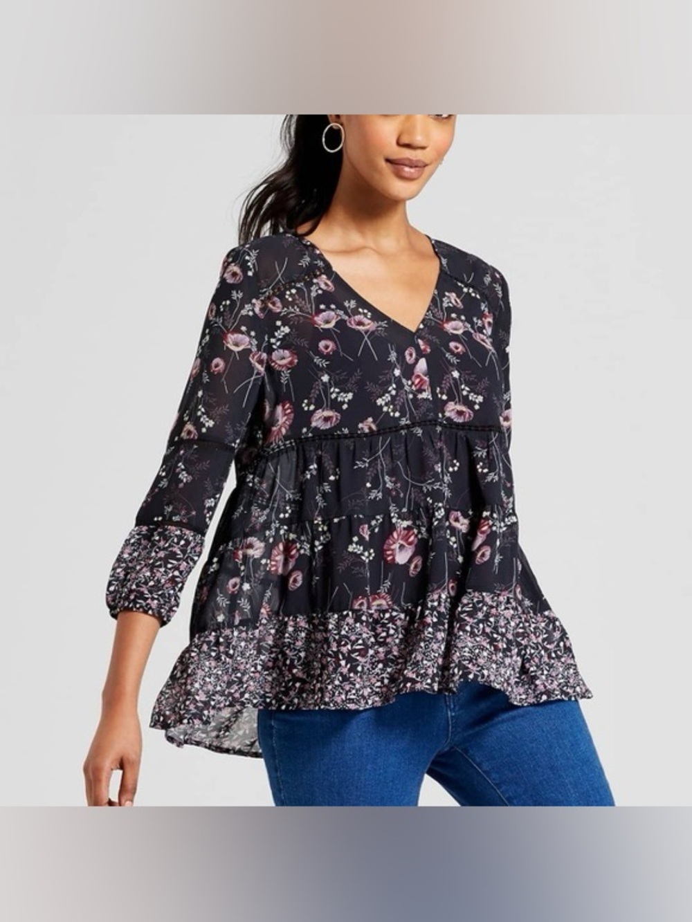 Knox Rose Floral Babydoll Blouse Large V Neck Sheer Boho Tiered Lace Detail